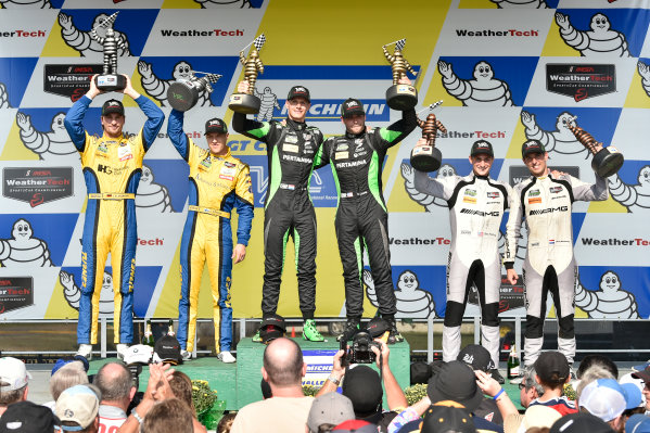 IMSA WeatherTech SportsCar Championship
Michelin GT Challenge at VIR
Virginia International Raceway, Alton, VA USA
Sunday 27 August 2017
16, Lamborghini, Lamborghini Huracan GT3, GTD, Corey Lewis, Geert Jeroen Mul, 96, BMW, BMW M6 GT3, Jesse Krohn, Jens Klingmann, 33, Mercedes, Mercedes AMG GT3, Ben Keating, Jeroen Bleekemolen celebrate in victory lane on podium
World Copyright: Scott R LePage
LAT Images