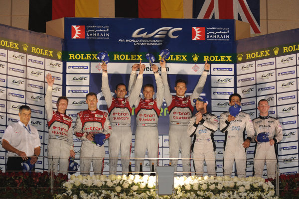 Bahrain, 27th-29th September 2012,
Overall P1 Podium, Andre Lotterer/Marcel Fassler/Benoit Treluyer Audi Sport Team Joest Audi R18 E-Tron Quattro, Allan McNish/Tom Kristensen Audi Sport Team Joest Audi R18 E-Tron Quattro and Nick Leventis/Danny Watts/Jonny Kane Strakka Racing HPD ARX 03a Honda
World copyright: Ebrey/LAT Photographic