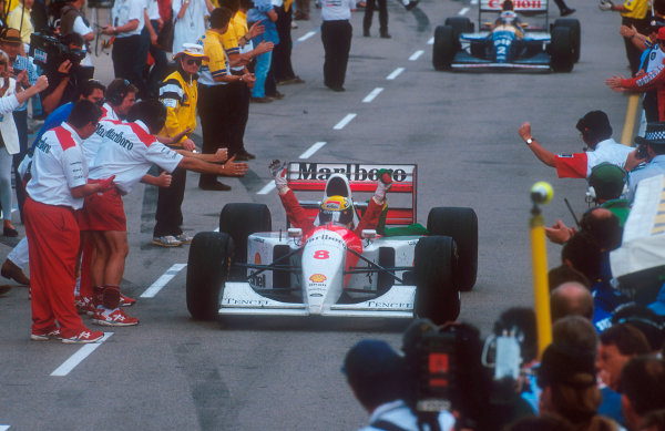1993 Australian Grand Prix.
Adelaide, Australia. 5-7 November 1993.
Ayrton Senna (McLaren MP4/8 Ford) celebrates 1st position on the way down the pit lane to parc ferme. This was his last Grand Prix win. Ref-93 AUS 38.
World Copyright - Martyn Elford/LAT Photographic 1993 Australian Grand Prix.
Adelaide, Australia. 5-7 November 1993.
Ayrton Senna (McLaren MP4/8 Ford) celebrates 1st position on the way down the pit lane to parc ferme. This was his last Grand Prix win. Ref-93 AUS 38.
World Copyright - Martyn Elford/LAT Photographic