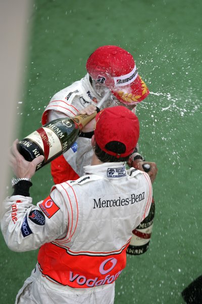 2007 Malaysian Grand Prix - Sunday Race
Sepang, Kuala Lumpur. Malaysia.
8th April 2007.
Fernando Alonso, McLaren MP4-22 Mercedes, 1st position, and team mate Lewis Hamilton, McLaren MP4-22 Mercedes, 2nd position, celebrate on the podium. Podiums. Portrait.
World Copyright: Steven Tee/LAT Photographic.
ref: Digital Image YY2Z7676A 2007 Malaysian Grand Prix - Sunday Race
Sepang, Kuala Lumpur. Malaysia.
8th April 2007.
Fernando Alonso, McLaren MP4-22 Mercedes, 1st position, and team mate Lewis Hamilton, McLaren MP4-22 Mercedes, 2nd position, celebrate on the podium. Podiums. Portrait.
World Copyright: Steven Tee/LAT Photographic.
ref: Digital Image YY2Z7676A