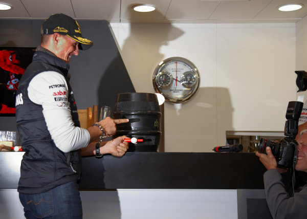 Spa-Francorchamps, Spa, Belgium
27th August 2011.
Michael Schumacher, Mercedes GP W02, celebrates the 20th anniversary of his first Grand Prix start at Spa. Portrait. Atmosphere. 
World Copyright: Steve Etherington/LAT Photographic
ref: Digital Image SNE27236