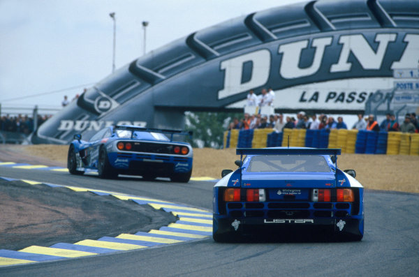 Le Mans, France. 17th - 18th June 1995.Fabien Giroix/Jean-Denis Deletraz/Olivier Grouillard (McLaren F1 GTR), 5th position, leads Geoff Lees/Dominic Chappell/Rupert Keegan (Lister Storm GTS-Jaguar), retired, action.World Copyright: LAT Photographic.Ref: 35mm colour transparency.