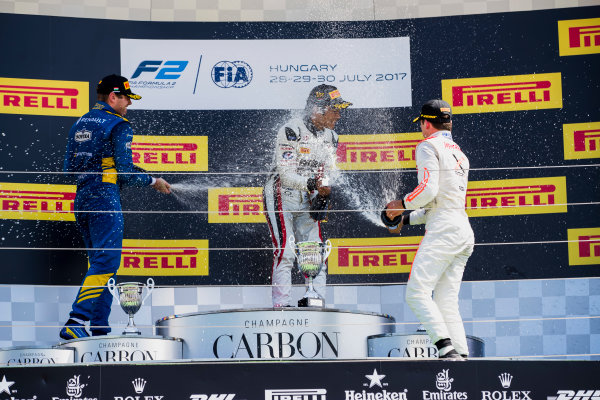 2017 FIA Formula 2 Round 7.
Hungaroring, Budapest, Hungary.
Sunday 30 July 2017.
Oliver Rowland (GBR, DAMS), Nobuharu Matsushita (JPN, ART Grand Prix), Nyck De Vries (NED, Rapax). 
Photo: Zak Mauger/FIA Formula 2.
ref: Digital Image _54I4962