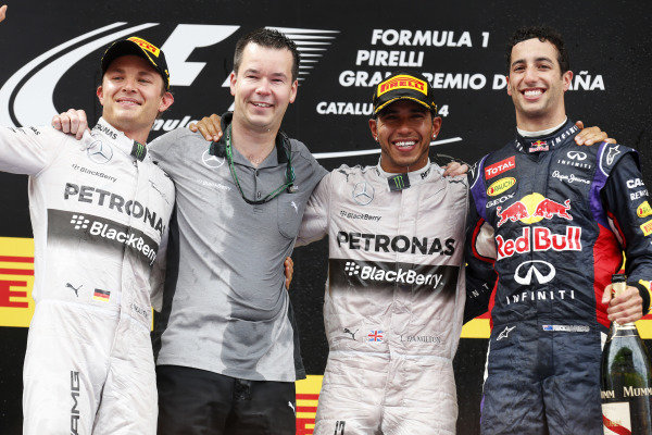 Circuit de Catalunya, Barcelona, Spain.
Sunday 11 May 2014.
Nico Rosberg, Mercedes AMG, 2nd Position, Mike Elliot, Head of Aerodynamics, Mercedes AMG, Lewis Hamilton, Mercedes AMG, 1st Position, and Daniel Ricciardo, Red Bull Racing, 3rd Position, on the podium.
World Copyright: Alastair Staley/LAT Photographic.
ref: Digital Image _79P1872