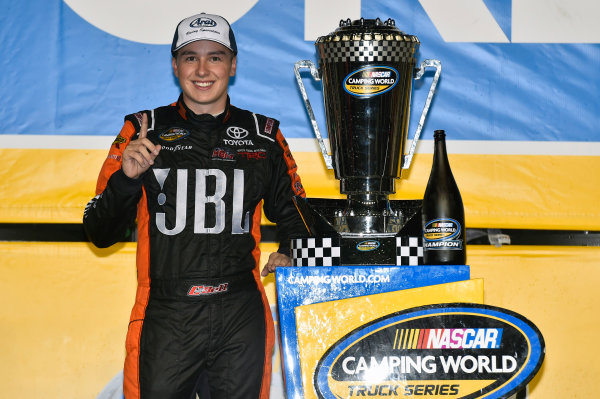 NASCAR Camping World Truck Series
Ford EcoBoost 200
Homestead-Miami Speedway, Homestead, FL USA
Friday 17 November 2017
Christopher Bell, JBL Toyota Tundra celebrates winning the 2017 NASCAR Camping world Truck Series Championship
World Copyright: Nigel Kinrade
LAT Images NASCAR Camping World Truck Series
Ford EcoBoost 200
Homestead-Miami Speedway, Homestead, FL USA
Friday 17 November 2017
Christopher Bell, JBL Toyota Tundra celebrates winning the 2017 NASCAR Camping world Truck Series Championship
World Copyright: Nigel Kinrade
LAT Images
