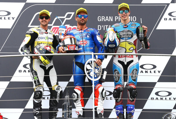 2017 Moto2 Championship - Round 6
Mugello, Italy
Sunday 4 June 2017
Podium: second place Thomas Luthi, CarXpert Interwetten, Race winner Mattia Pasini, Italtrans Racing Team, third place Alex Marquez, Marc VDS race
World Copyright: Gold & Goose Photography/LAT Images
ref: Digital Image 674645 2017 Moto2 Championship - Round 6
Mugello, Italy
Sunday 4 June 2017
Podium: second place Thomas Luthi, CarXpert Interwetten, Race winner Mattia Pasini, Italtrans Racing Team, third place Alex Marquez, Marc VDS race
World Copyright: Gold & Goose Photography/LAT Images
ref: Digital Image 674645