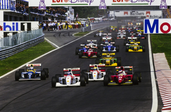 Mika Häkkinen, McLaren MP4-8 Ford, leads Jean Alesi, Ferrari F93A, Ayrton Senna, McLaren MP4-8 Ford, and Alain Prost, Williams FW15C Renault, at the start. Mika Häkkinen, McLaren MP4-8 Ford, leads Jean Alesi, Ferrari F93A, Ayrton Senna, McLaren MP4-8 Ford, and Alain Prost, Williams FW15C Renault, at the start.