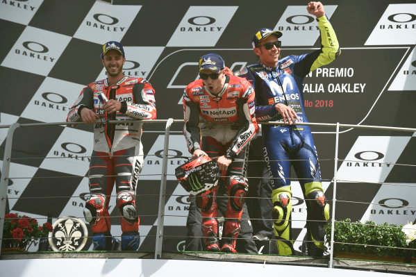 Podium: race winner Jorge Lorenzo, Ducati Team, second place Andrea Dovizioso, Ducati Team, third place Valentino Rossi, Yamaha Factory Racing.