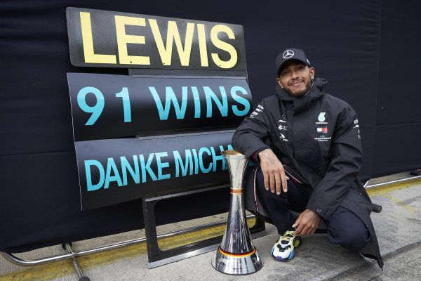 Lewis Hamilton, Mercedes-AMG Petronas F1, 1st position, celebrates after securing his 91st F1 race win, equalling the record of Michael Schumacher Lewis Hamilton, Mercedes-AMG Petronas F1, 1st position, celebrates after securing his 91st F1 race win, equalling the record of Michael Schumacher