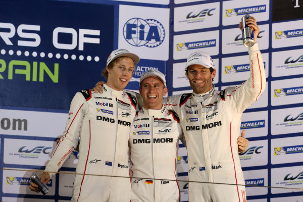 2015 FIA World Endurance Championship,
Bahrain International Circuit, Bahrain.
19th - 21st November 2015.
Timo Bernhard / Mark Webber / Brendon Hartley Porsche Team Porsche 919 Hybrid.
World Copyright: Jakob Ebrey / LAT Photographic. 2015 FIA World Endurance Championship,
Bahrain International Circuit, Bahrain.
19th - 21st November 2015.
Timo Bernhard / Mark Webber / Brendon Hartley Porsche Team Porsche 919 Hybrid.
World Copyright: Jakob Ebrey / LAT Photographic.