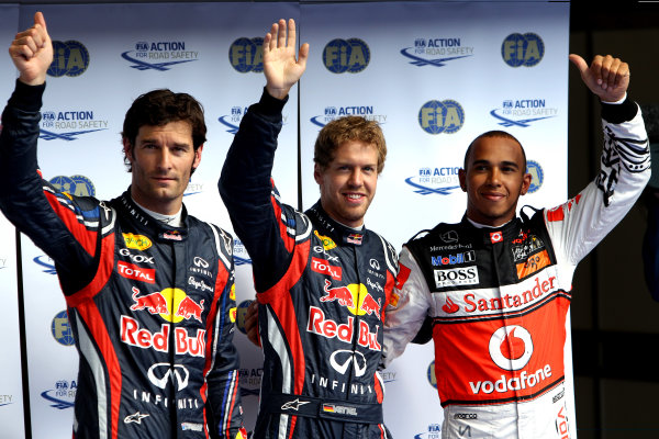 Spa-Francorchamps, Spa, Belgium
27th August 2011.
Top three qualifiers Sebastian Vettel, Red Bull Racing RB7 Renault, Lewis Hamilton, McLaren MP4-26 Mercedes, and Mark Webber, Red Bull Racing RB7 Renault. Portrait.
World Copyright: Andy Hone/LAT Photographic
ref: Digital Image CI0C1554 Spa-Francorchamps, Spa, Belgium
27th August 2011.
Top three qualifiers Sebastian Vettel, Red Bull Racing RB7 Renault, Lewis Hamilton, McLaren MP4-26 Mercedes, and Mark Webber, Red Bull Racing RB7 Renault. Portrait.
World Copyright: Andy Hone/LAT Photographic
ref: Digital Image CI0C1554