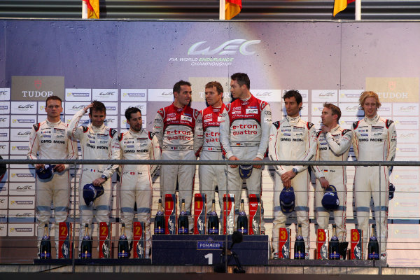 2015 FIA World Endurance Championship,
Spa-Francorchamps, Belgium. 30th April - 2nd May 2015.
P1 Podium (l-r) Romain Dumas / Neel Jani / Marc Lieb Porsche Team Porsche 919 Hybrid, Marcel Fassler / Andre Lotterer / Benoit Treluyer Audi Sport Team Joest Audi R18 e-tron quattro, Timo Bernhard / Mark Webber / Brendon Hartley Porsche Team Porsche 919 Hybrid.
World Copyright: Ebrey / LAT Photographic.