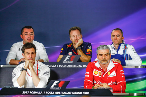 Albert Park, Melbourne, Australia.
Friday 24 March 2017.
Eric Boullier, Racing Director, McLaren, Toto Wolff, Executive Director (Business), Mercedes AMG, Christian Horner, Team Principal, Red Bull Racing, Paddy Lowe, Williams Martini Racing Formula 1, and Maurizio Arrivabene, Team Principal, Ferrari, in the Team Principals Press Conference.
World Copyright: Sam Bloxham/LAT Images
ref: Digital Image _J6I1853 Albert Park, Melbourne, Australia.
Friday 24 March 2017.
Eric Boullier, Racing Director, McLaren, Toto Wolff, Executive Director (Business), Mercedes AMG, Christian Horner, Team Principal, Red Bull Racing, Paddy Lowe, Williams Martini Racing Formula 1, and Maurizio Arrivabene, Team Principal, Ferrari, in the Team Principals Press Conference.
World Copyright: Sam Bloxham/LAT Images
ref: Digital Image _J6I1853