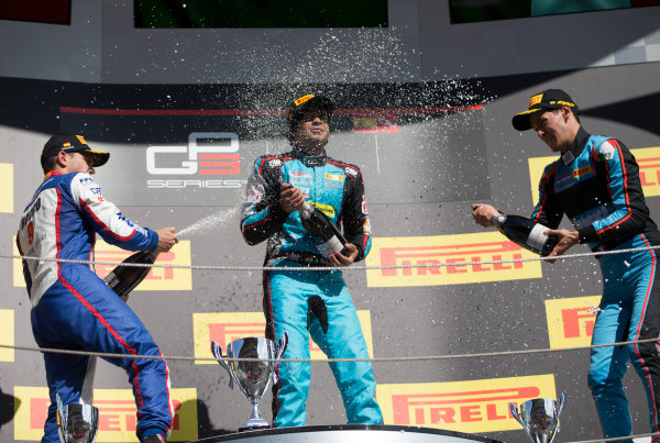 2017 GP3 Series Round 1. 
Circuit de Catalunya, Barcelona, Spain.
Sunday 14 May 2017.
Winner of Race Two Arjun Maini (IND, Jenzer Motorsport) , second placed Dorian Boccolacci (FRA, Trident) and third placed Alessio Lorandi (ITA, Jenzer Motorsport) on the podium
Photo: Jed Leicester/GP3 Series Media Service.
ref: Digital Image JL1_0168