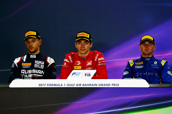 2017 FIA Formula 2 Round 1.
Bahrain International Circuit, Sakhir, Bahrain. 
Sunday 16 April 2017.
Charles Leclerc (MCO, PREMA Racing) Luca Ghiotto (ITA, RUSSIAN TIME) and Oliver Rowland (GBR, DAMS) 
Photo: Zak Mauger/FIA Formula 2.
ref: Digital Image _X0W5173