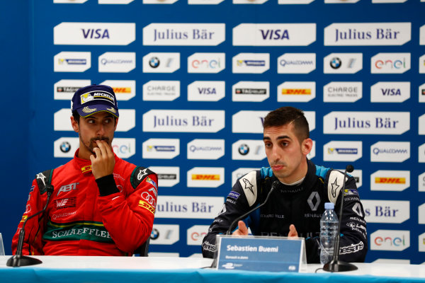 2016/2017 FIA Formula E Championship.
Monte-Carlo, Monaco
Saturday 13 May 2017.
Lucas Di Grassi (BRA), ABT Schaeffler Audi Sport, Spark-Abt Sportsline, ABT Schaeffler FE02, and Sebastien Buemi (SUI), Renault e.Dams, Spark-Renault, Renault Z.E 16, in the Press Conference.
Photo: Sam Bloxham/LAT/Formula E
ref: Digital Image _W6I6875