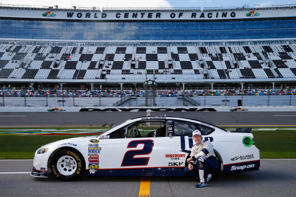 13-21 February, 2016, Daytona Beach, Florida USA  
Brad Keselowski, driver of the #2 Miller Lite Ford, poses with his car after qualifying for the NASCAR Sprint Cup Series Daytona 500 at Daytona International Speedway on February 14, 2016 in Daytona Beach, Florida.  
LAT Photo USA via NASCAR via Getty Images