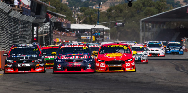 2017 Supercars Championship Round 1. 
Clipsal 500, Adelaide, South Australia, Australia.
Thursday March 2nd to Sunday March 5th 2017.
Shane Van Gisbergen drives the #97 Red Bull Holden Racing Team Holden Commodore VF, Fabian Coulthard drives the #12 Shell V-Power Racing Team Ford Falcon FGX, James Courtney drives the #22 Mobil 1 HSV Racing Holden Commodore VF.
World Copyright: Daniel Kalisz/LAT Images
Ref: Digital Image 040317_VASCR1_DKIMG_5649.JPG