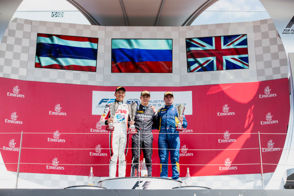 2017 FIA Formula 2 Round 5.
Red Bull Ring, Spielberg, Austria.
Sunday 9 July 2017.
Alexander Albon (THA, ART Grand Prix), Artem Markelov (RUS, RUSSIAN TIME) and Oliver Rowland (GBR, DAMS). 
Photo: Zak Mauger/FIA Formula 2.
ref: Digital Image _54I0444