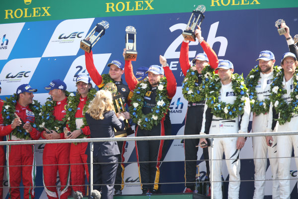 2017 Le Mans 24 Hours
Circuit de la Sarthe, Le Mans, France.
Sunday 18th  June 2017
#55 Spirit of Race Ferrari 488 GTE: Duncan Cameron, Aaron Scott, Marco Cioci, #84 JMW Motorsport Ferrari 488 GTE: Robert Smith, Will Stevens, Dries Vanthoor and #62 Scuderia Corsa Ferrari 488 GTE: Cooper MacNeil, Bill Sweedler, Townsend Bell 
World Copyright: JEP/LAT Images
