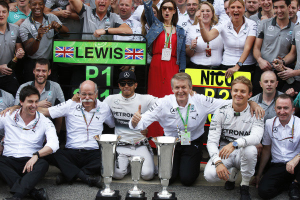 Circuit de Catalunya, Barcelona, Spain.
Sunday 11 May 2014.
Toto Wolff, Executive Director (Business), Mercedes AMG, Dr Dieter Zetsche, CEO, Mercedes Benz, Lewis Hamilton, Mercedes AMG, 1st Position, Nico Rosberg, Mercedes AMG, 2nd Position, Paddy Lowe, Executive Director (Technical), Mercedes AMG, and the Mercedes team celebrate.
World Copyright: Charles Coates/LAT Photographic.
ref: Digital Image _N7T1318 Circuit de Catalunya, Barcelona, Spain.
Sunday 11 May 2014.
Toto Wolff, Executive Director (Business), Mercedes AMG, Dr Dieter Zetsche, CEO, Mercedes Benz, Lewis Hamilton, Mercedes AMG, 1st Position, Nico Rosberg, Mercedes AMG, 2nd Position, Paddy Lowe, Executive Director (Technical), Mercedes AMG, and the Mercedes team celebrate.
World Copyright: Charles Coates/LAT Photographic.
ref: Digital Image _N7T1318