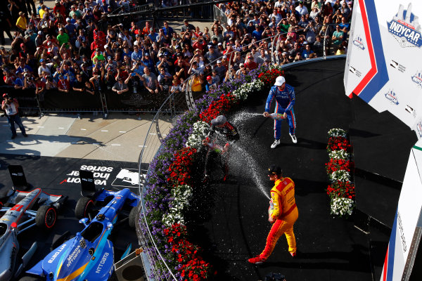 Verizon IndyCar Series
IndyCar Grand Prix
Indianapolis Motor Speedway, Indianapolis, IN USA
Saturday 13 May 2017
Will Power, Team Penske Chevrolet, Scott Dixon, Chip Ganassi Racing Teams Honda, Ryan Hunter-Reay, Andretti Autosport Honda celebrate with champagne on the podium
World Copyright: Phillip Abbott
LAT Images
ref: Digital Image abbott_indyGP_0517_6040