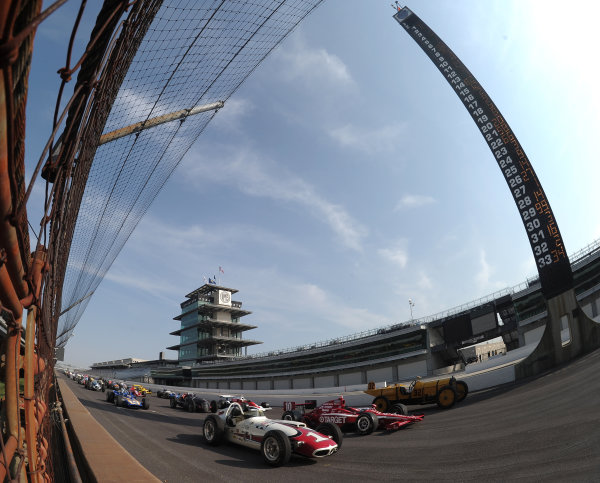 12 October, 2010, Indianapolis, Indiana, USA
33 Historic cars representing the 100 year history of the Indy 500 are gathered on the grid of the Indianapolis Motor Speedway
Â©2010, Dan R. Boyd, USA
LAT Photographic