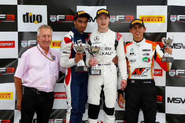 2016 BRDC F3 Championship,
Snetterton, Norfolk. 6th - 7th August 2016.
Race 2 Podium (l-r) Richard Dutton (GBR), Tarun Reddy (IND) Fortec Motorsports BRDC F3, Harrison Scott (GBR) HHC Motorsport BRDC F3.
World Copyright: Ebrey / LAT Photographic.