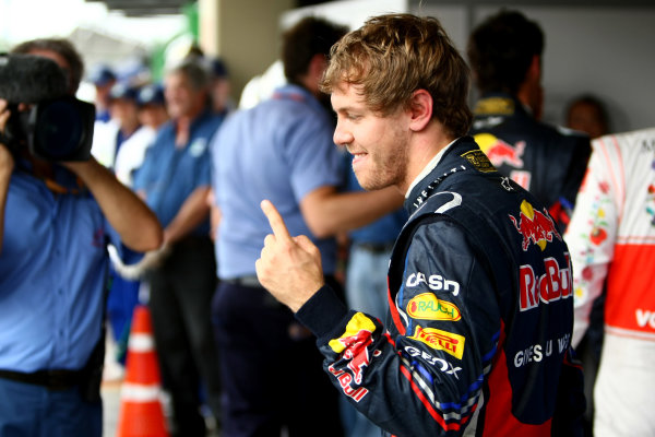 Interlagos, Sao Paulo, Brazil
26th November 2011
Sebastian Vettel, Red Bull Racing RB7 Renault, celebrates pole. Portrait.
World Copyright: Andy Hone/LAT Photographic
ref: Digital Image CSP29789 Interlagos, Sao Paulo, Brazil
26th November 2011
Sebastian Vettel, Red Bull Racing RB7 Renault, celebrates pole. Portrait.
World Copyright: Andy Hone/LAT Photographic
ref: Digital Image CSP29789