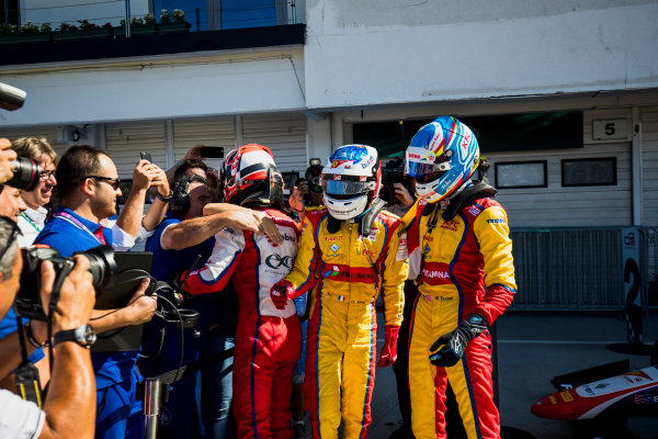 2017 GP3 Series Round 4. 
Hungaroring, Budapest, Hungary.
Sunday 30 July 2017.
Kevin Joerg (SUI, Trident), Giuliano Alesi (FRA, Trident), Ryan Tveter (USA, Trident). 
Photo: Zak Mauger/GP3 Series Media Service.
ref: Digital Image _56I4107