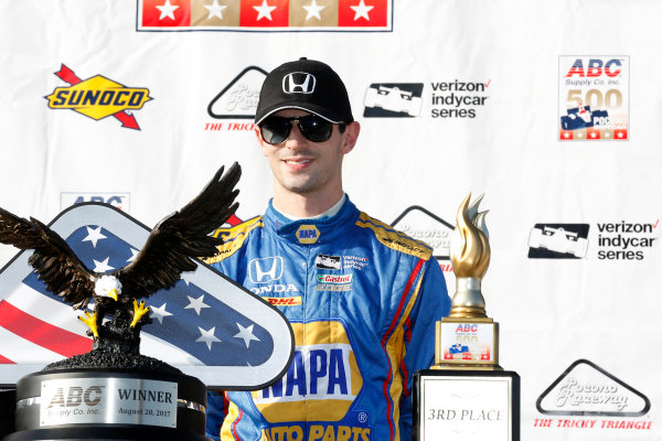 Verizon IndyCar Series
ABC Supply 500
Pocono Raceway, Long Pond, PA USA
Sunday 20 August 2017
Alexander Rossi, Curb Andretti Herta Autosport with Curb-Agajanian Honda celebrates on the podium 
World Copyright: Phillip Abbott
LAT Images
ref: Digital Image abbott_pocono_0817_8046