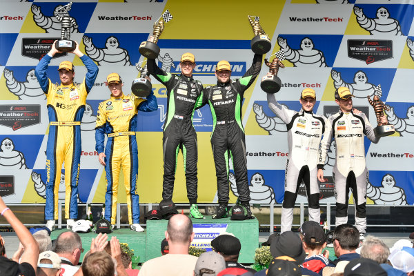 IMSA WeatherTech SportsCar Championship
Michelin GT Challenge at VIR
Virginia International Raceway, Alton, VA USA
Sunday 27 August 2017
16, Lamborghini, Lamborghini Huracan GT3, GTD, Corey Lewis, Geert Jeroen Mul, 96, BMW, BMW M6 GT3, Jesse Krohn, Jens Klingmann, 33, Mercedes, Mercedes AMG GT3, Ben Keating, Jeroen Bleekemolen celebrate in victory lane on podium
World Copyright: Scott R LePage
LAT Images IMSA WeatherTech SportsCar Championship
Michelin GT Challenge at VIR
Virginia International Raceway, Alton, VA USA
Sunday 27 August 2017
16, Lamborghini, Lamborghini Huracan GT3, GTD, Corey Lewis, Geert Jeroen Mul, 96, BMW, BMW M6 GT3, Jesse Krohn, Jens Klingmann, 33, Mercedes, Mercedes AMG GT3, Ben Keating, Jeroen Bleekemolen celebrate in victory lane on podium
World Copyright: Scott R LePage
LAT Images