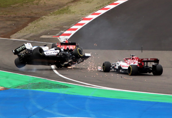 George Russell, Williams FW43, is aunched into the air after contact with Kimi Raikkonen, Alfa Romeo Racing C39. Raikkonen received a time penalty for causing the incident. Credit: Herve Tusoli/Motorsport Images George Russell, Williams FW43, is aunched into the air after contact with Kimi Raikkonen, Alfa Romeo Racing C39. Raikkonen received a time penalty for causing the incident. Credit: Herve Tusoli/Motorsport Images