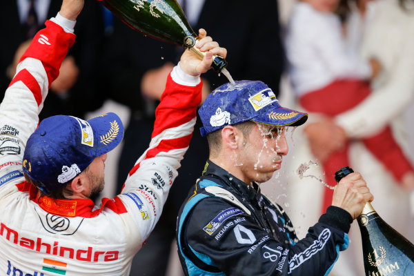 2016/2017 FIA Formula E Championship.
Monte-Carlo, Monaco
Saturday 13 May 2017.
Sebastien Buemi (SUI), Renault e.Dams, Spark-Renault, Renault Z.E 16, sprays the champagne on the podium with Nick Heidfeld (GER), Mahindra Racing, Spark-Mahindra, Mahindra M3ELECTRO.
Photo: Alastair Staley/LAT/Formula E
ref: Digital Image _X0W1417