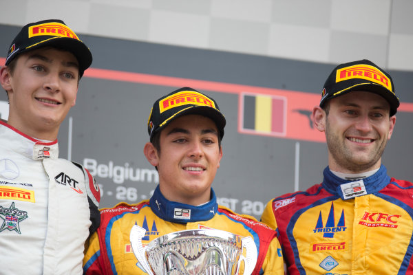 2017 GP3 Series Round 5. 
Spa-Francorchamps, Spa, Belgium.
Sunday 27 August 2017.
Giuliano Alesi (FRA, Trident) celebrates his victory on the podium George Russell (GBR, ART Grand Prix). and Ryan Tveter (USA, Trident).
Photo: Alastair Staley/GP3 Series Media Service.
ref: Digital Image _X0W3105