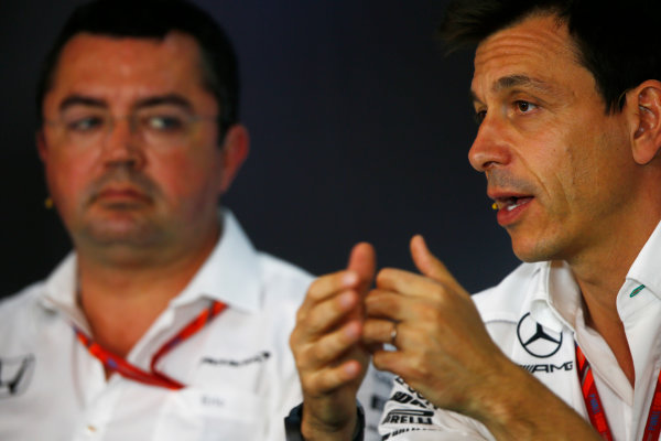 Red Bull Ring, Spielberg, Austria.
Friday 07 July 2017.
Toto Wolff, Executive Director (Business), Mercedes AMG, in the Friday press conference alongside Eric Boullier, Racing Director, McLaren. 
World Copyright: Andy Hone/LAT Images
ref: Digital Image _ONY9953