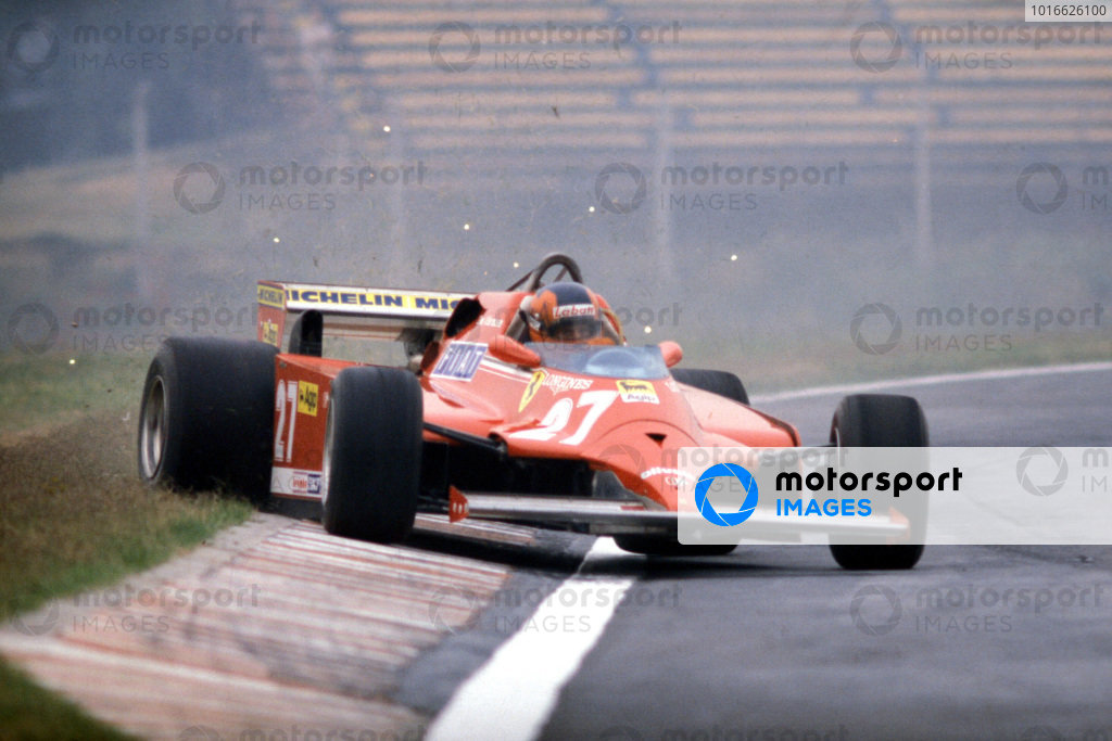 Gilles Villeneuve, Ferrari 126CK, corrects a slide as he runs wide onto the grass. Gilles Villeneuve, Ferrari 126CK, corrects a slide as he runs wide onto the grass.
