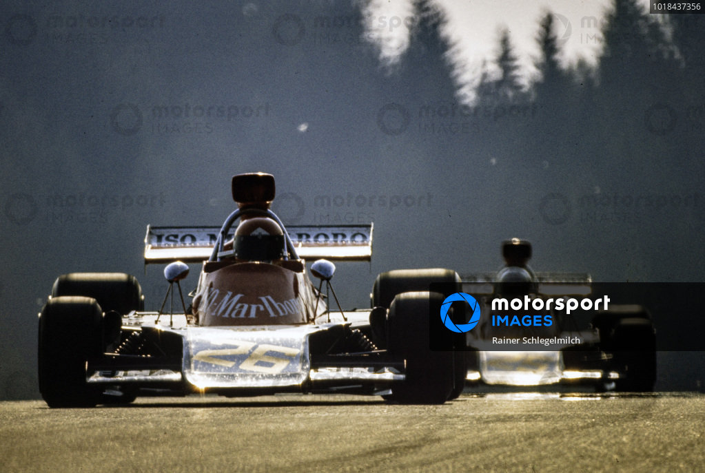 Gijs van Lennep's Williams IR01 Ford, leads team mate Howden Ganley in ...