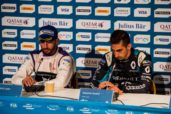 2016/2017 FIA Formula E Championship.
Qatar Airways Paris ePrix, France.
Saturday 20 May 2017.
Jose Maria Lopez (ARG), DS Virgin Racing, Spark-Citroen, Virgin DSV-02
, and Sebastien Buemi (SUI), Renault e.Dams, Spark-Renault, Renault Z.E 16, in the press conference.
Photo: Zak Mauger/LAT/Formula E
ref: Digital Image _56I4130 2016/2017 FIA Formula E Championship.
Qatar Airways Paris ePrix, France.
Saturday 20 May 2017.
Jose Maria Lopez (ARG), DS Virgin Racing, Spark-Citroen, Virgin DSV-02
, and Sebastien Buemi (SUI), Renault e.Dams, Spark-Renault, Renault Z.E 16, in the press conference.
Photo: Zak Mauger/LAT/Formula E
ref: Digital Image _56I4130