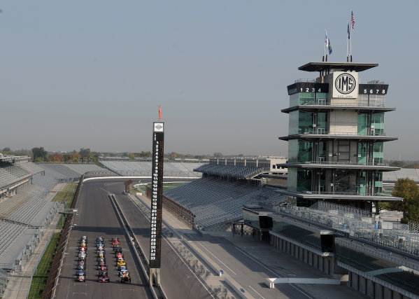 12 October, 2010, Indianapolis, Indiana, USA
33 Historic cars representing the 100 year history of the Indy 500 are gathered on the grid of the Indianapolis Motor Speedway
Â©2010, Dan R. Boyd, USA
LAT Photographic