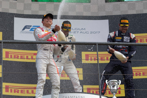 2017 FIA Formula 2 Round 8.
Spa-Francorchamps, Spa, Belgium.
Sunday 27 August 2017.
Sergio Sette Camara (BRA, MP Motorsport) celebrates his victory on the podium with Nyck De Vries (NED, Racing Engineering) and Luca Ghiotto (ITA, RUSSIAN TIME). 
Photo: Alastair Staley/FIA Formula 2.
ref: Digital Image _L5R6082