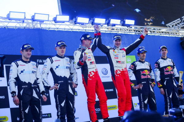 (L to R): Second placed Ott Tanak (EST) / Martin Jarveoja (EST), M-Sport World Rally Team WRC, rally winners Jari-Matti Latvala (FIN) / Miikka Anttila (FIN), Toyota Gazoo Racing WRC and third placed Sebastien Ogier (FRA) / Julien Ingrassia (FRA), M-Sport World Rally Team WRC celebrate on the podium at World Rally Championship, Rd2, Rally Sweden, Day Three, Karlstad, Sweden, 12 February 2017.