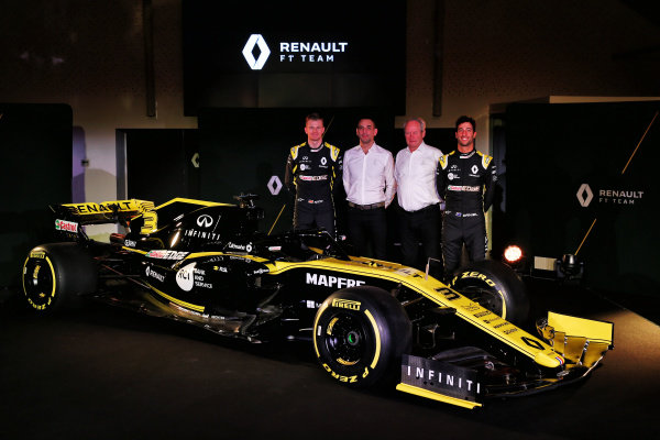 (L to R): Nico Hulkenberg, Renault Sport F1 Team, Cyril Abiteboul, Renault Sport F1 Managing Director, Jerome Stoll, Director of Renault Sport F1 and Daniel Ricciardo, Renault Sport F1 Team with the new Renault Sport F1 Team R.S. 19