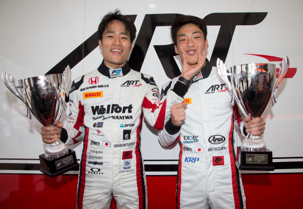 2017 FIA Formula 2 Round 2.
Circuit de Catalunya, Barcelona, Spain.
Sunday 14 May 2017.
ART Grand Prix race winners, F2 Race two winner Nobuharu Matsushita (JPN, ART Grand Prix) and GP3 Race one winner Nirei Fukuzumi (JPN, ART Grand Prix)
Photo: Jed Leicester/FIA Formula 2.
ref: Digital Image JL1_0435 2017 FIA Formula 2 Round 2.
Circuit de Catalunya, Barcelona, Spain.
Sunday 14 May 2017.
ART Grand Prix race winners, F2 Race two winner Nobuharu Matsushita (JPN, ART Grand Prix) and GP3 Race one winner Nirei Fukuzumi (JPN, ART Grand Prix)
Photo: Jed Leicester/FIA Formula 2.
ref: Digital Image JL1_0435