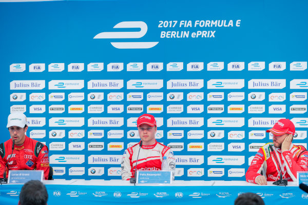 2016/2017 FIA Formula E Championship.
Round 7 - Berlin ePrix, Tempelhof Airport, Berlin, Germany.
Saturday 10 June 2017.
Felix Rosenqvist (SWE), Mahindra Racing, Spark-Mahindra, Mahindra M3ELECTRO, Lucas Di Grassi (BRA), ABT Schaeffler Audi Sport, Spark-Abt Sportsline, ABT Schaeffler FE02, and Nick Heidfeld (GER), Mahindra Racing, Spark-Mahindra, Mahindra M3ELECTRO, in the press conference.
Photo: Zak Mauger/LAT/Formula E
ref: Digital Image _56I4391