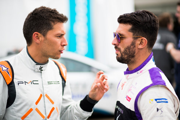 2016/2017 FIA Formula E Championship.
Round 7 - Berlin ePrix, Tempelhof Airport, Berlin, Germany. Loic Duval (FRA), Dragon Racing, Spark-Penske, Penske 701-EV & Jose Maria Lopez (ARG), DS Virgin Racing, Spark-Citroen, Virgin DSV-02. 
Thursday 8 June 2017.
Photo: Sam Bloxham/LAT/Formula E
ref: Digital Image _W6I7127