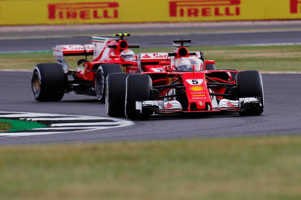 Silverstone, Northamptonshire, UK. 
Friday 14 July 2017.
Sebastian Vettel, Ferrari SF70H, runs with the Shield frontal protection system fitted, ahead of Kimi Raikkonen, Ferrari SF70H.
World Copyright: Zak Mauger/LAT Images 
ref: Digital Image _56I8176