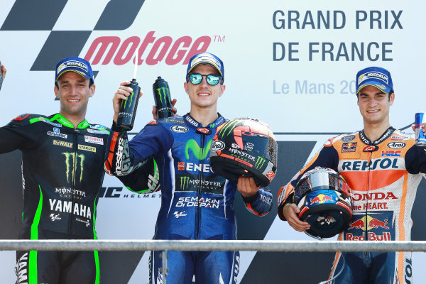 2017 MotoGP Championship - Round 5
Le Mans, France
Sunday 21 May 2017
Podium: winner Maverick Viñales, Yamaha Factory Racing, second place Johann Zarco, Monster Yamaha Tech 3, third place Dani Pedrosa, Repsol Honda Team
World Copyright: Gold & Goose Photography/LAT Images
ref: Digital Image 671713