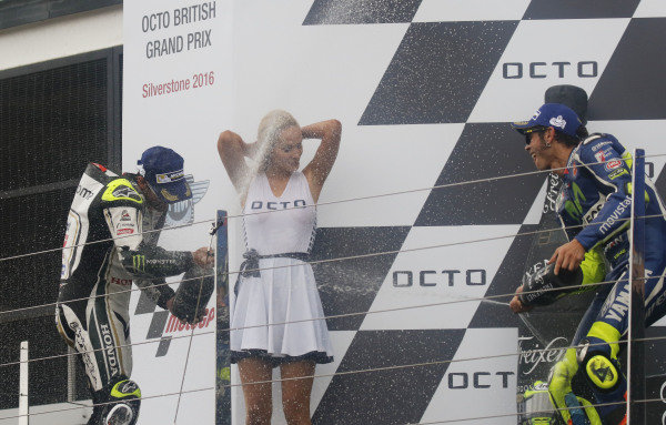 2016 MotoGP Championship.
British Grand Prix.
Silverstone, England. 2nd - 4th September 2016.
Cal Crutchlow, LCR Honda, and Valentino Rossi, Yamaha, celebrate on the podium.
Ref: _W7_9549a. World copyright: Kevin Wood/LAT Photographic 2016 MotoGP Championship.
British Grand Prix.
Silverstone, England. 2nd - 4th September 2016.
Cal Crutchlow, LCR Honda, and Valentino Rossi, Yamaha, celebrate on the podium.
Ref: _W7_9549a. World copyright: Kevin Wood/LAT Photographic