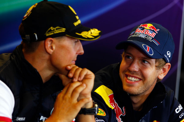 Spa-Francorchamps, Spa, Belgium
25th August 2011.
Sebastian Vettel, Red Bull Racing RB7 Renault concentrating in onsMichael Schumacher, Mercedes GP W02 in the Thursday Press conference.
World Copyright: Charles Coates/LAT Photographic
ref: Digital Image _X5J8171